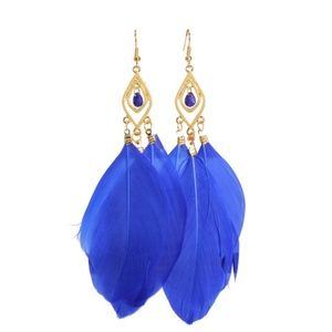 Cobalt Blue Feather Earrings Gold Tone new